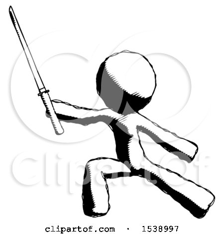 Ink Design Mascot Man with Ninja Sword Katana in Defense Pose by Leo Blanchette