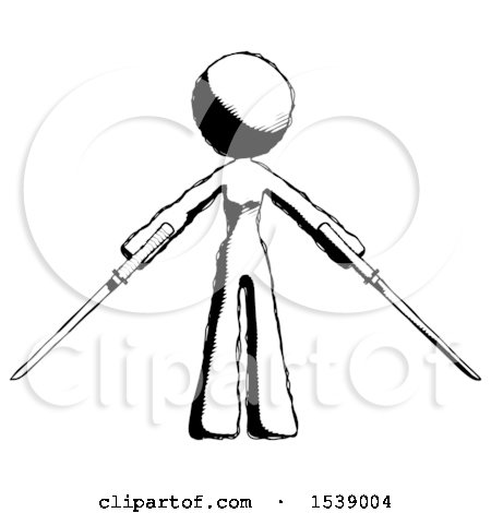 Ink Design Mascot Woman Posing with Two Ninja Sword Katanas by Leo Blanchette
