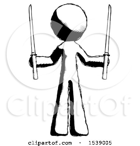 Ink Design Mascot Man Posing with Two Ninja Sword Katanas up by Leo Blanchette
