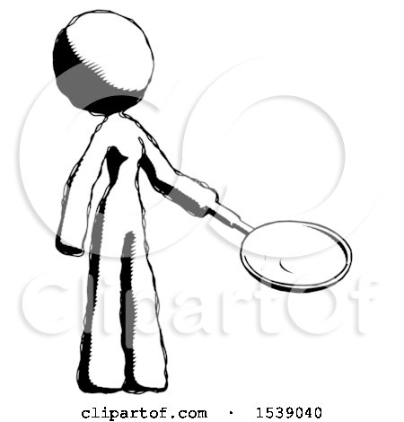 Ink Design Mascot Woman Frying Egg in Pan or Wok Facing Right by Leo Blanchette