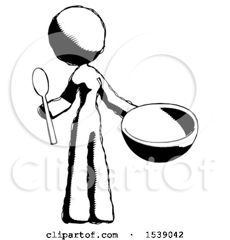 Ink Design Mascot Woman with Empty Bowl and Spoon Ready to Make Something by Leo Blanchette