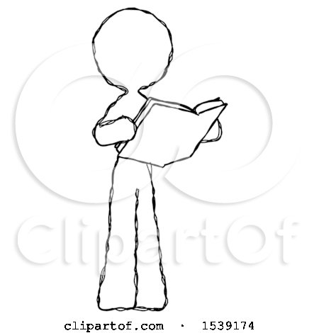 Sketch Design Mascot Woman Reading Book While Standing up Facing Away by Leo Blanchette
