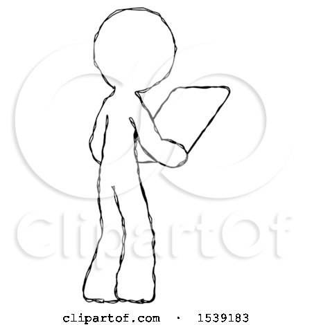 Sketch Design Mascot Man Looking at Tablet Device Computer Facing Away by Leo Blanchette