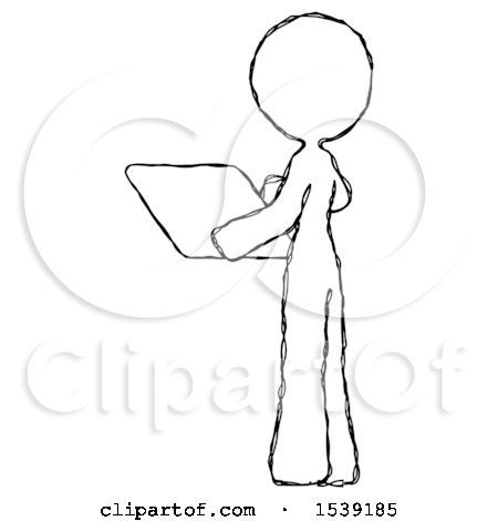 Sketch Design Mascot Woman Looking at Tablet Device Computer with Back to Viewer by Leo Blanchette