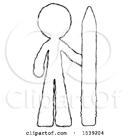 Sketch Design Mascot Man with Large Pencil Standing Ready to Write by Leo Blanchette