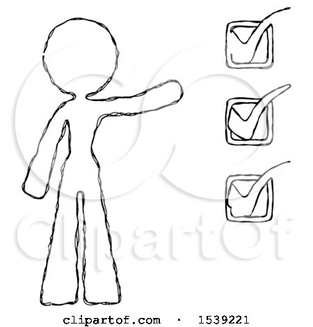Sketch Design Mascot Woman Standing by a Checkmark List Arm Extended by Leo Blanchette