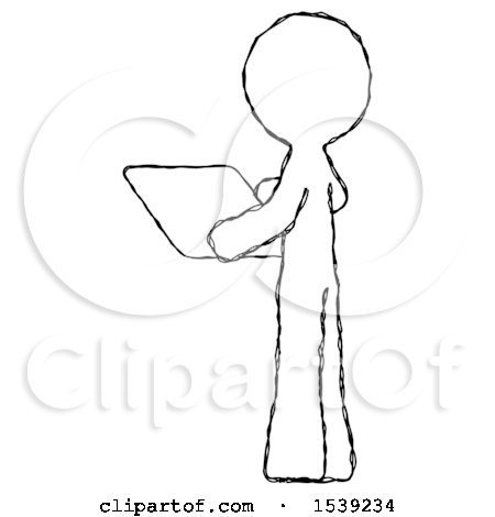 Sketch Design Mascot Man Looking at Tablet Device Computer with Back to Viewer by Leo Blanchette