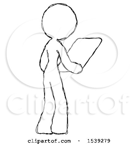 Sketch Design Mascot Woman Looking at Tablet Device Computer Facing Away by Leo Blanchette