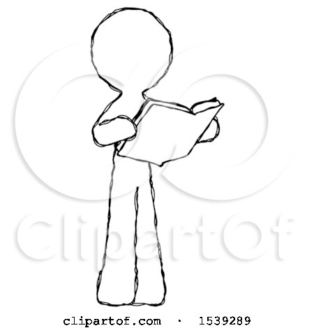 Sketch Design Mascot Man Reading Book While Standing up Facing Away by Leo Blanchette