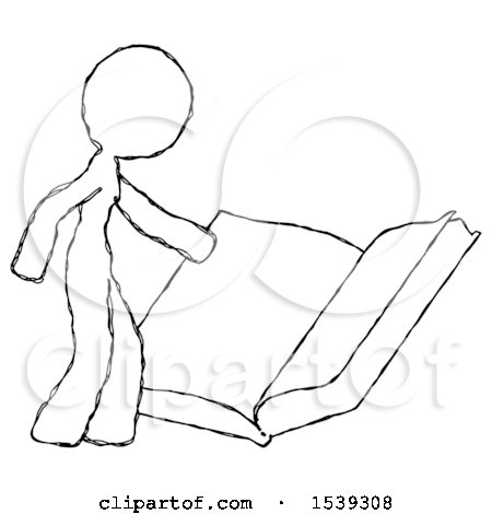 Sketch Design Mascot Woman Reading Big Book While Standing Beside It by Leo Blanchette