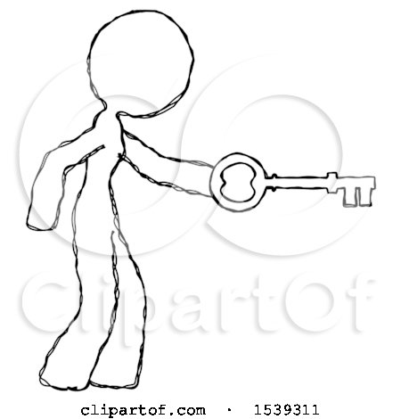 Sketch Design Mascot Woman with Big Key of Gold Opening Something by Leo Blanchette