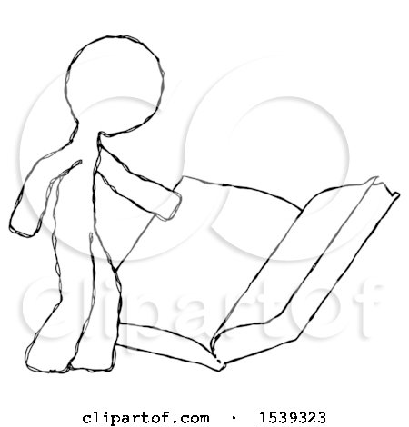 Sketch Design Mascot Man Reading Big Book While Standing Beside It by Leo Blanchette