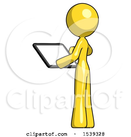 Yellow Design Mascot Woman Looking at Tablet Device Computer with Back to Viewer by Leo Blanchette