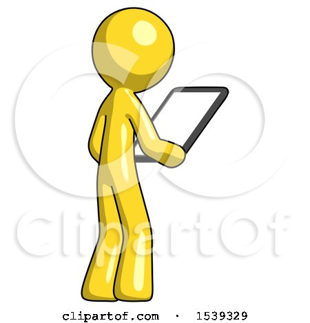 Yellow Design Mascot Man Looking at Tablet Device Computer Facing Away by Leo Blanchette