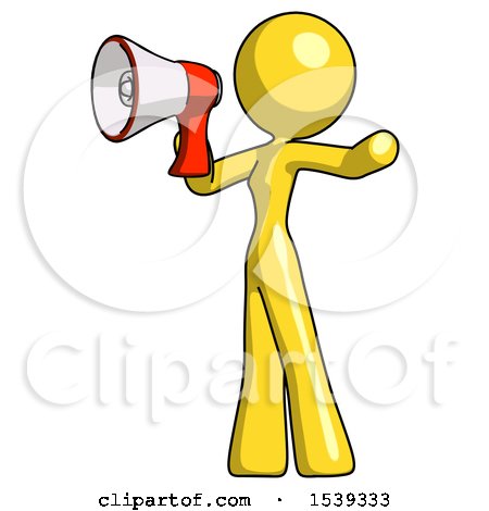 Yellow Design Mascot Woman Shouting into Megaphone Bullhorn Facing Left by Leo Blanchette