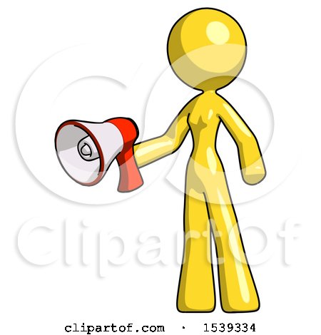 Yellow Design Mascot Woman Holding Megaphone Bullhorn Facing Right by Leo Blanchette