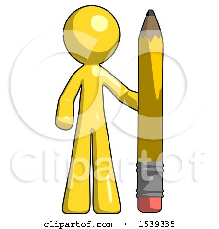 Yellow Design Mascot Man with Large Pencil Standing Ready to Write by Leo Blanchette