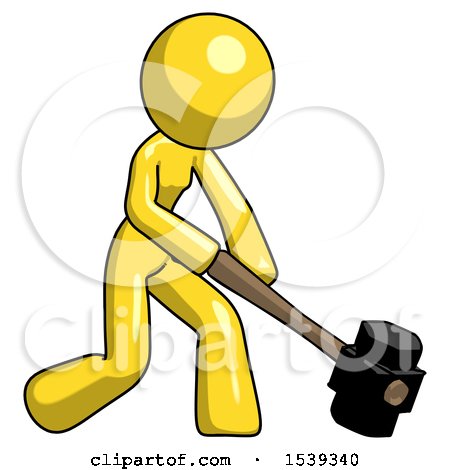 Yellow Design Mascot Woman Hitting with Sledgehammer, or Smashing Something at Angle by Leo Blanchette
