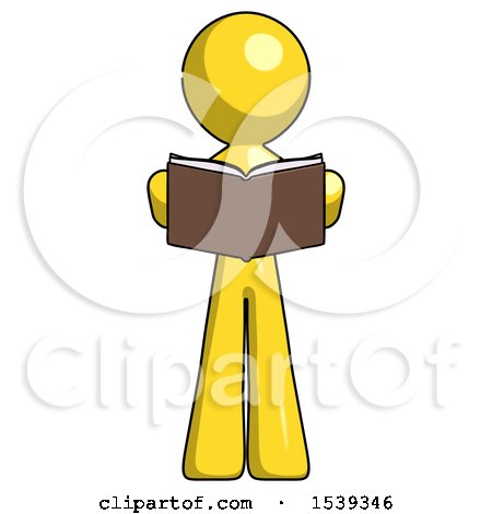 Yellow Design Mascot Man Reading Book While Standing up Facing Viewer by Leo Blanchette