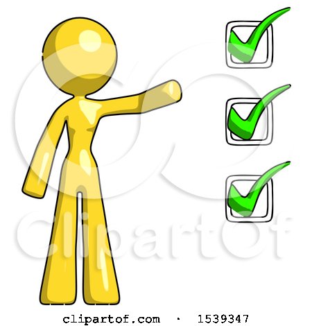 Yellow Design Mascot Woman Standing by a Checkmark List Arm Extended by Leo Blanchette