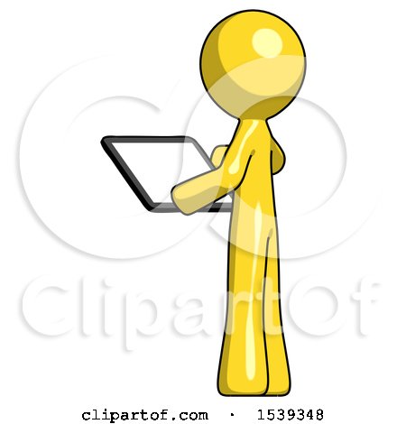 Yellow Design Mascot Man Looking at Tablet Device Computer with Back to Viewer by Leo Blanchette