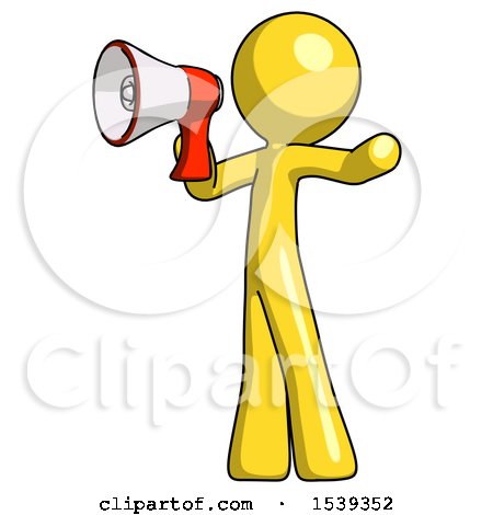Yellow Design Mascot Man Shouting into Megaphone Bullhorn Facing Left by Leo Blanchette