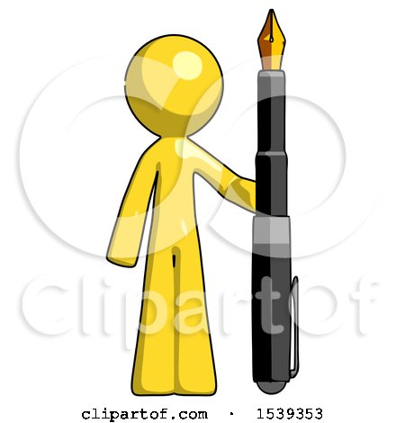 Yellow Design Mascot Man Holding Giant Calligraphy Pen by Leo Blanchette