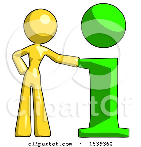 Yellow Design Mascot Woman with Info Symbol Leaning up Against It by Leo Blanchette