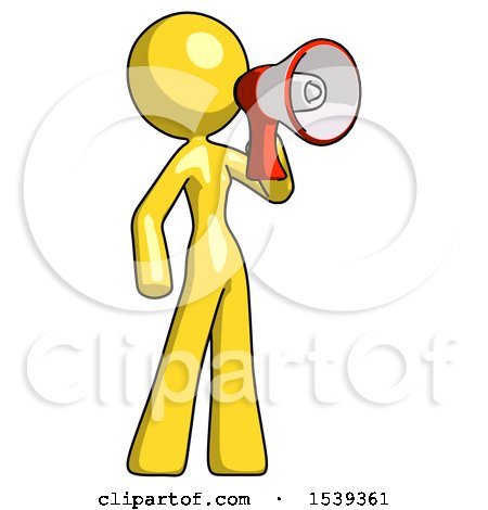 Yellow Design Mascot Woman Shouting into Megaphone Bullhorn Facing Right by Leo Blanchette
