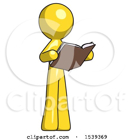 Yellow Design Mascot Man Reading Book While Standing up Facing Away by Leo Blanchette