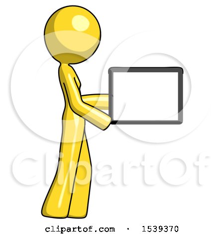 Yellow Design Mascot Woman Show Tablet Device Computer to Viewer, Blank Area by Leo Blanchette