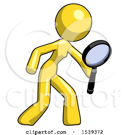 Yellow Design Mascot Woman Inspecting with Large Magnifying Glass Right by Leo Blanchette