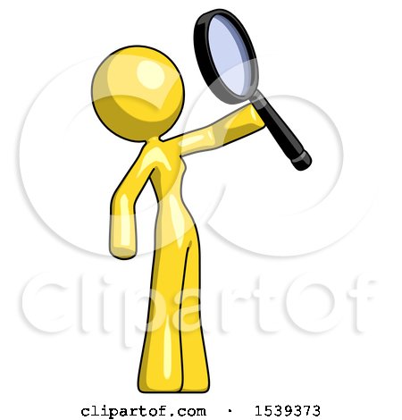 Yellow Design Mascot Woman Inspecting with Large Magnifying Glass Facing up by Leo Blanchette