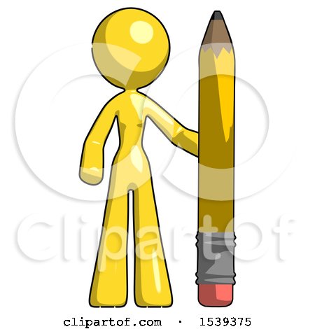 Yellow Design Mascot Woman with Large Pencil Standing Ready to Write by Leo Blanchette