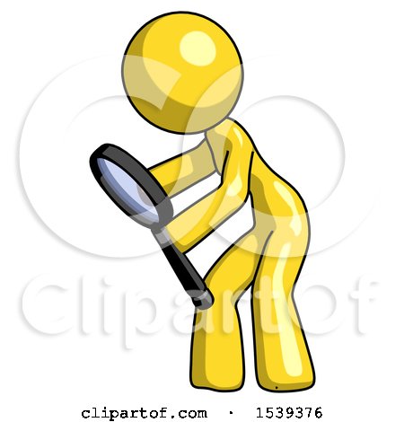 Yellow Design Mascot Woman Inspecting with Large Magnifying Glass Left by Leo Blanchette