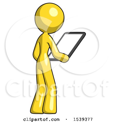 Yellow Design Mascot Woman Looking at Tablet Device Computer Facing Away by Leo Blanchette