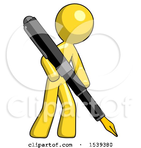Yellow Design Mascot Man Drawing or Writing with Large Calligraphy Pen by Leo Blanchette