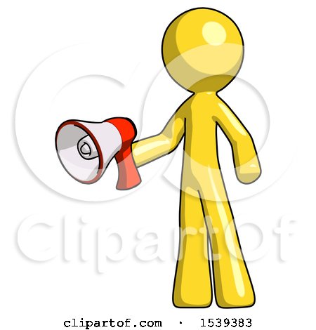 Yellow Design Mascot Man Holding Megaphone Bullhorn Facing Right by Leo Blanchette