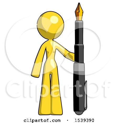 Yellow Design Mascot Woman Holding Giant Calligraphy Pen by Leo Blanchette