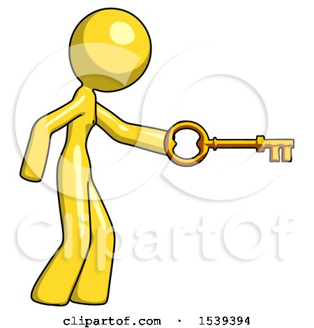 Yellow Design Mascot Woman with Big Key of Gold Opening Something by Leo Blanchette