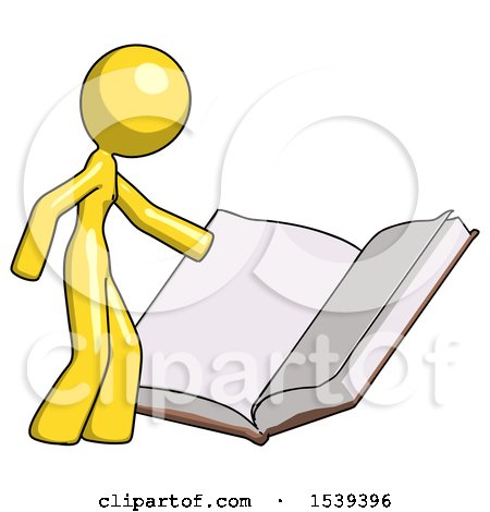 Yellow Design Mascot Woman Reading Big Book While Standing Beside It by Leo Blanchette