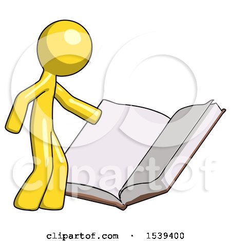 Yellow Design Mascot Man Reading Big Book While Standing Beside It by Leo Blanchette
