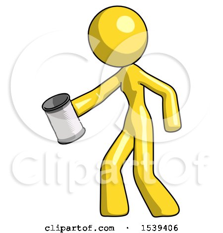 Yellow Design Mascot Woman Begger Holding Can Begging or Asking for Charity Facing Left by Leo Blanchette