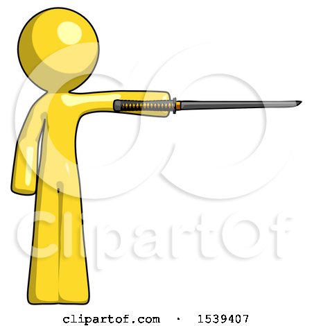 Yellow Design Mascot Man Standing with Ninja Sword Katana Pointing Right by Leo Blanchette