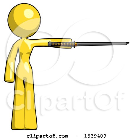 Yellow Design Mascot Woman Standing with Ninja Sword Katana Pointing Right by Leo Blanchette