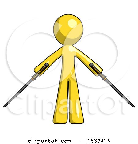 Yellow Design Mascot Man Posing with Two Ninja Sword Katanas by Leo Blanchette