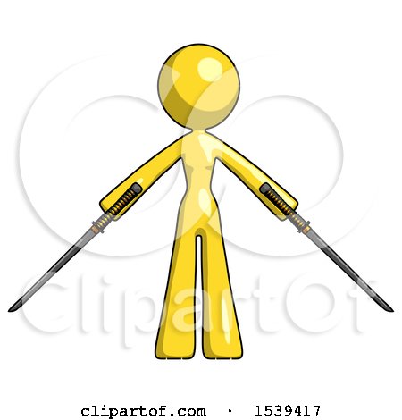 Yellow Design Mascot Woman Posing with Two Ninja Sword Katanas by Leo Blanchette