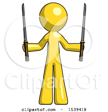 Yellow Design Mascot Man Posing with Two Ninja Sword Katanas up by Leo Blanchette