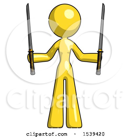 Yellow Design Mascot Woman Posing with Two Ninja Sword Katanas up by Leo Blanchette