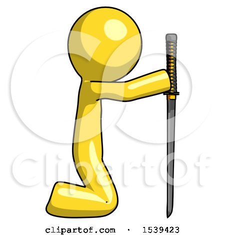 Yellow Design Mascot Man Kneeling with Ninja Sword Katana Showing Respect by Leo Blanchette